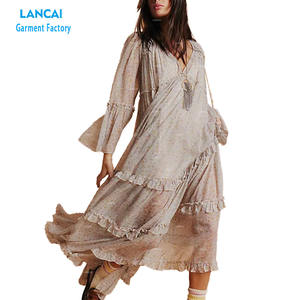 New Fashion Design Chiffon Fabric Style V Neck Maxi <b>Dress</b> <b>Ruffle</b> <b>Women</b> <b>Dress</b> - Product Image 1