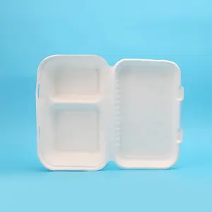 Disposable Bagasse Tableware 2 Compartment Divide Clamshell Box For Lunch