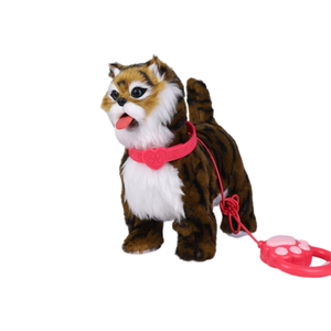 Jouet en peluche chat à cordon, motif rayures de tigre marron foncé, chat qui bouge et chante avec collier cœur rose, pour vente en gros aux zoos et boutiques de cadeaux - Product Image 1