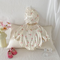 Mono de bebé 2026 de primavera/otoño con estampado floral, cuello triangular, estilo princesa tulipán, de algodón, con doble botonadura