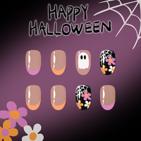 Faux ongles courts brillants ovales pré-dessinés, style français, Halloween, motifs fantôme, chauve-souris, citrouille, carreaux et floraux, 24 pièces