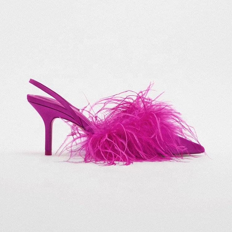 Newest Slingback Ladies Low Heel Shoes Pointy Toe Mature Women Sexy Ostrich  Fur Heels