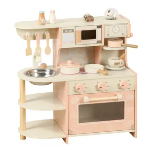 COMMIKI wooden kitchen toys cooking play house pink kitchen toys Wooden coffee machine tool table doll home cooking kitchenware
