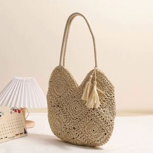 Sac de plage tressé en paille à grande capacité pour femme, avec fermeture éclair et pompon ajouré, vente en gros d'usine - Product Image 2