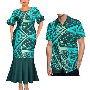 New Hot Sale Paar Kleidung <span class=keywords><strong>2</strong></span> Pcs Custom Polynesian Tribal Frauen Rundhals ausschnitt Meerjungfrau Prom Kleid Match Plus Size Aloha Männer Shirts - Product Image 3