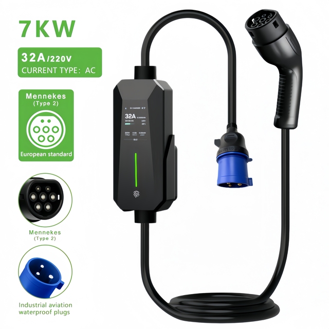 New 7kW 32A Portable EV Charging Cable Type 2 European Standard IP66 Rated APP Control RFID Optional Automotive Grade EVSE Smart