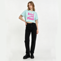 Kaos Wanita Cetak Grafis Katun Kustom Berkualitas Tinggi, Kaos Polos, Kaos Mini Crop dengan Rumbai Metalik untuk Wanita