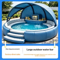 Station de restauration aquatique gonflable en PVC bleu et blanc, canapé de piscine intégré, tapis flottant magique, table de fête, lit de repos complet