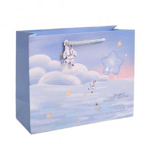 KM Custom Logo Printed Medium Size Clothing <b>Gift</b> Bags Assorted Premium Blue with Kraft Paper for Birthdays - Product Image 1