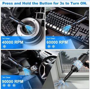 Aspirateur portatif sans fil noir rechargeable par USB avec plusieurs buses et fonction souffleur d'air pour voiture et maison - Product Image 4