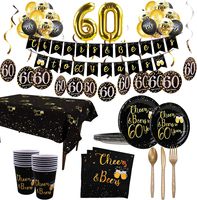 Vente chaude 60e anniversaire fête fournitures 170 pièces ensemble 24 assiettes en papier or noir bannière nappe serviettes tasses moderne Eid