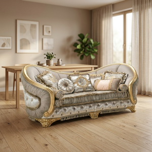 Luxury Teak Wood 3-Seater <b>Sofa</b> <b>Set</b> with Tufted Fabric Upholstery Durable & Eco-Friendly Traditional Royal Living Room Furniture - Product Image 2