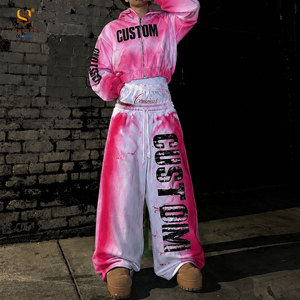 Ensemble de survêtement vintage personnalisé avec strass, imprimé tie-dye, effet délavé, double ceinture, pantalon de jogging - Product Image 4