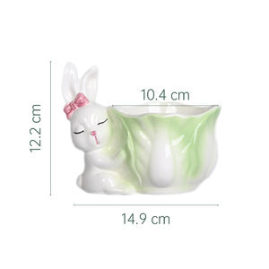 Vente en gros de pots de fleurs en céramique mignons en forme de lapin avec un nœud rose, en forme de feuille de chou, kawaii - Product Image 2