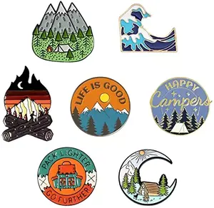 Custom Creative Cartoon Landscape Badge Mountain Adventure Camping Pin Soft Enamel Brooch