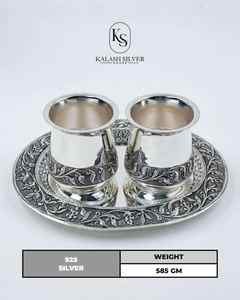 Service à thé en argent avec plateau, tasses à boire en argent faites à la main, argenterie traditionnelle indienne pour la maison, offrande et usage festif - Product Image 2