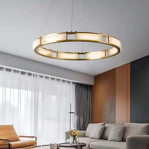 Round Brass LED <b>Chandelier</b> With Acrylic Shade Gold Color For Living Room Warm White <b>Light</b> 3500K Dimmable E27 <b>Bulb</b> Base - Product Image 4