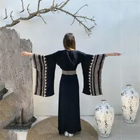2026 noir caftan Kimono tunique femmes auto-serré imprimé été plage robe grande taille maillot de bain couverture dos cou Logo col en v