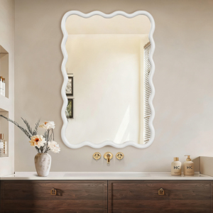 <b>White</b> Wavy <b>Rectangle</b> <b>Mirror</b> 24x36 Solid Wood Frame Decorative For Bedroom Bathroom Living Room Entryway - Product Image 2