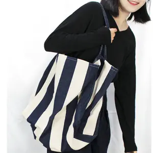 Frauen Schulter Handtasche Streifen Leinwand Einkaufstasche Handtasche Arbeits taschen Personal isierte große Öko-Einkaufstaschen