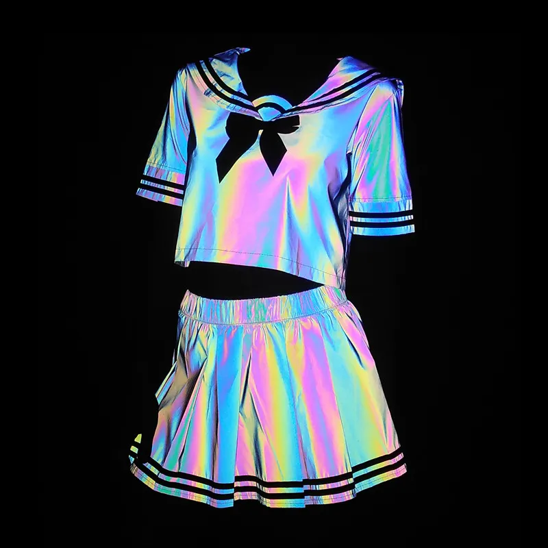 Meninas estudante sexy iridescente arco-íris reflexivo colheita top 2 peças saia conjunto uniforme concerto rave roupas marinheiro terno roupas