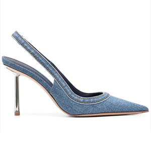 Prezzo all'ingrosso Logo personalizzato classico Sexy <span class=keywords><strong>scarpe</strong></span> a punta con tacco sottile in metallo tessuto <span class=keywords><strong>Denim</strong></span> tacchi blu per le donne - Product Image 1