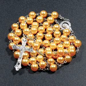 2020 Hot sell Rosary 8mm pearl Jesus Cross Christ Maria necklace for pray