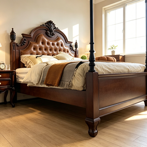 Traditional Queen Size Solid Mahogany Bed with Genuine Leather Tufted Upholstery and Carved Wood <b>Frame</b> - Product Image 6