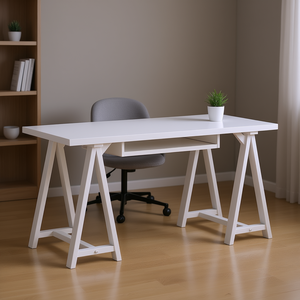 Scrivania per Computer Bianca con Design a Cavalletto, Superficie in Legno, Arredamento Moderno per Ufficio - Product Image 2