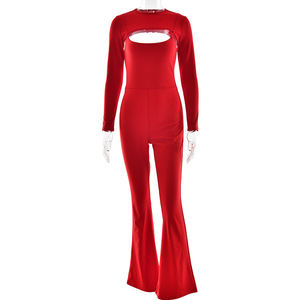 Conjunto de Dos Piezas Rojo para Mujer, Mono de Manga Larga con Espalda Descubierta y Cintura Alta, Ropa de Club, Color Sólido, Tela Elástica - Product Image 5