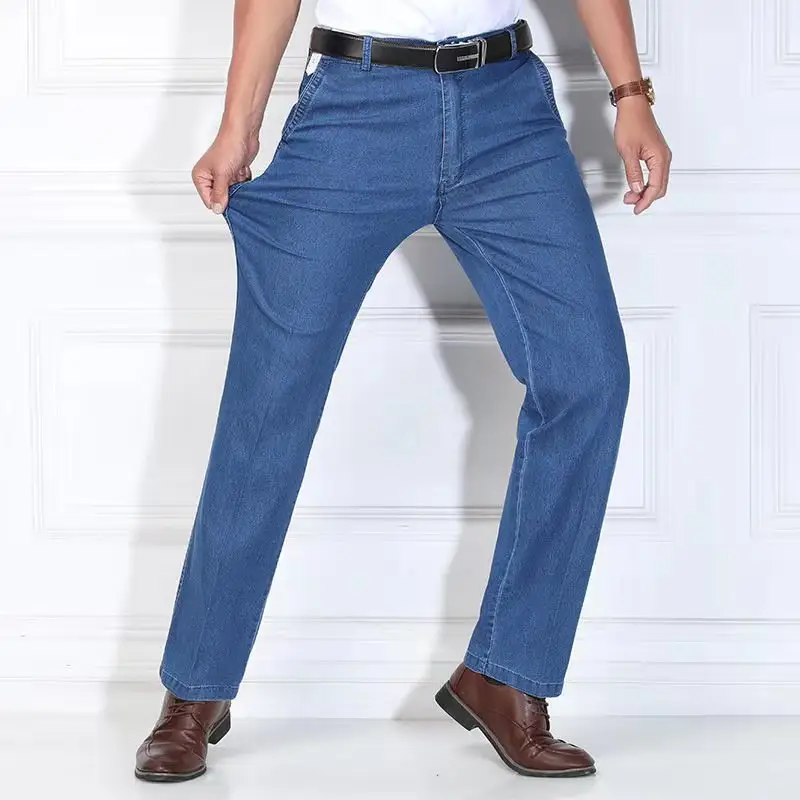 Nieuwe Mannen Business Casual Stretch Losse Rechte Broek Midden-Aged Hoge Taille Denim Broek