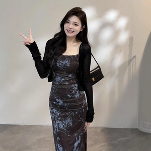 Tie Dye Sleeveless Strapless Dress Women Slim Fit Ink Painting Pattern Maxi Skirt Party Wear Black Dress Polyester YX 8143 - Product Image 1