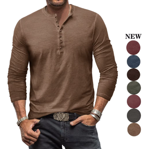 T-shirt Henley à manches longues 100 % coton pour homme - Coupe ajustée, haut uni à boutons pour un style décontracté, respirant et doux - Product Image 2