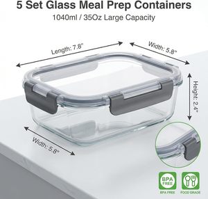 5 件装玻璃餐食容器 1040 毫升高硼硅玻璃食品储存容器，带黑色 PP 盖子，密封午餐盒 - Product Image 2