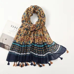 wholesale ethnic style floral printing shawl scarf new tassel design comfortable printed cotton scarf