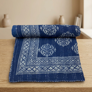 Cubrecama Kantha Vintage con Estampado a Mano Indio, 90x108 Pulgadas, Cubrecama Doble de Algodón Floral con Borde Geométrico - Product Image 2