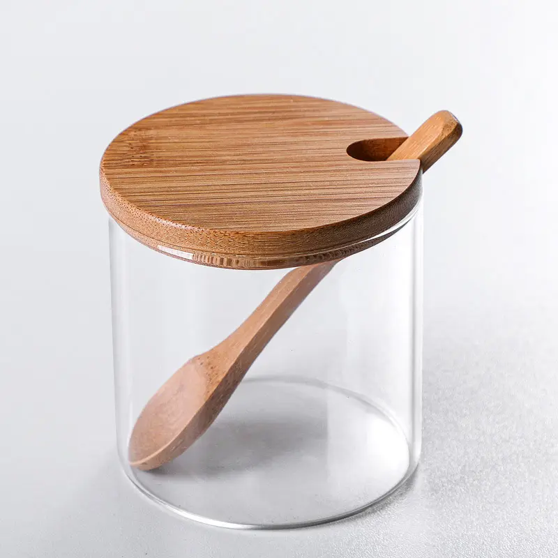 Set toples bumbu dapur dengan tutup bambu, dan sendok kayu untuk toples bumbu dapur