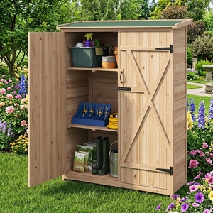 Outdoor Wooden Garden Storage Shed Fir Wood Tool <b>Cabinet</b> Slope Roof <b>Lockable</b> Double Door Waterproof - Product Image 1