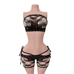 Ensemble 2 pièces Carnival Hot Diamond Tube Top imprimé sexy à grandes mailles et lacets, tenue de pole dance, vêtements de danse exotiques - Product Image 3