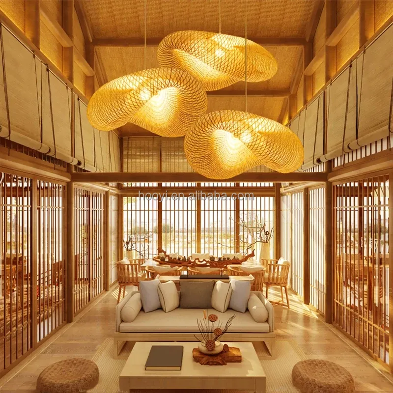 Modern bambu örgü avize bambu lamba kolye işıkları bambu hasır Rattan kolye işık oturma odası yatak yemek için Res