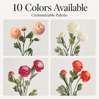 Bouquet de fleurs artificielles de mariage en ranunculus blanc à 3 têtes, avec feuilles floquées, pour la décoration de la maison, du vase ou comme centre de table