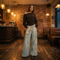 Pantalon en jean bleu clair taille haute à jambes larges avec appliques en dentelle et perles, style bohème, longueur complète, en coton, pour femme