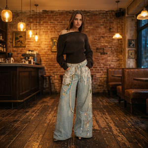 Pantalones Vaqueros Anchos de Cintura Alta en Azul Claro con Apliques de Encaje y Decoración de Perlas, Estilo Bohemio, Largos, de Algodón, para Mujer - Product Image 1