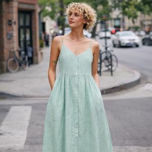 Abito Casual <span class=keywords><strong>in</strong></span> Puro Lino su Misura per Signore <span class=keywords><strong>in</strong></span> Verde Chiaro con Strisce e Collo all'Americana Abito Casual ed Elegante per Signore - Product Image 5