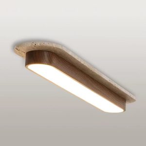 Luminaire de plafond vintage Wabi Sabi en pierre de grotte et bois avec LED pour chambre et couloir - Product Image 1