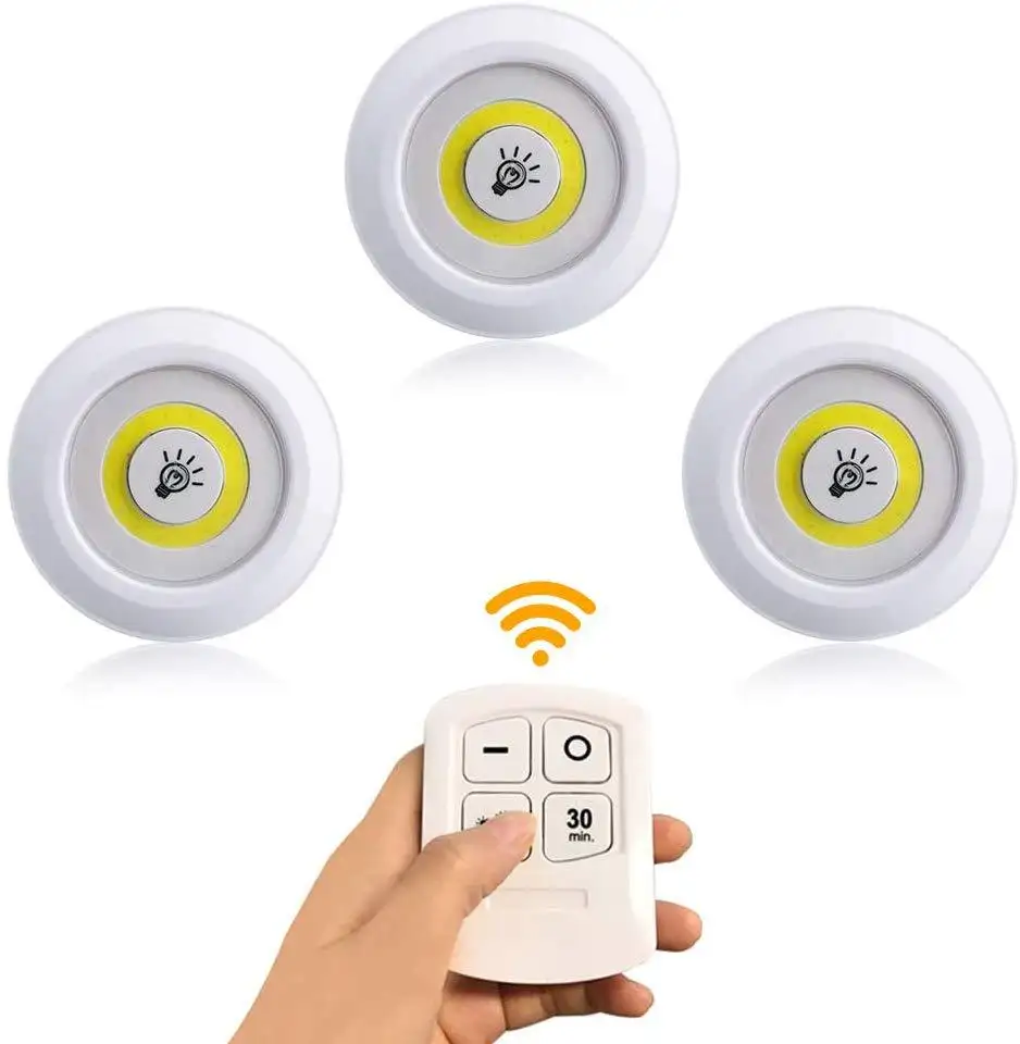 Paquete de 3 luces LED Puck inalámbricas con mando a distancia, iluminación de armario COB, luces nocturnas alimentadas por batería