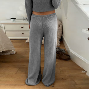 Pantalon en maille côtelée taille haute à jambe large pour femme, avec cordon de serrage, décontracté et ample, pour automne-hiver, blanc et gris, long et fluide - Product Image 6