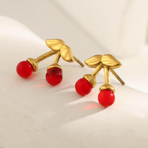 Pendientes de tuerca de cereza de acero inoxidable chapados en oro para mujer, joyería de moda <span class=keywords><strong>E476</strong></span> - Product Image 3