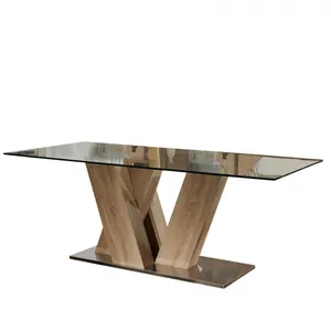 10mm Thick Tempered Clear Glass Top Metal Base Modern Rectangle Dinner Kitchen Dining Table With Veneered Paper MDF Board