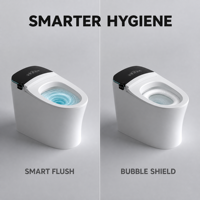 WC intelligent allongé chauffant avec séchage à l'air, fonction lavage féminin, télécommande, à poser au sol, en céramique, design moderne, siphon en P/S